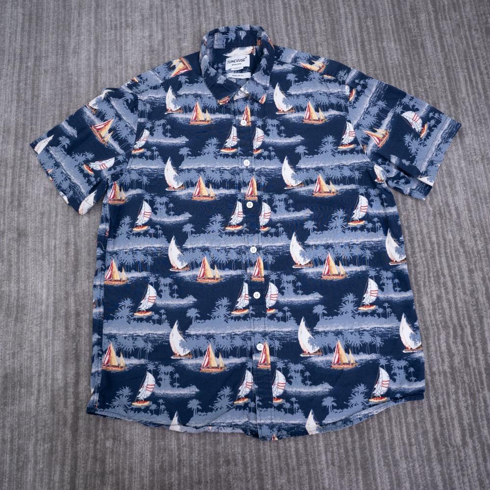 Tunevuse Mens Sailboat Palm Tree Print Button Up Shirt Navy Blue Cotton Size M
